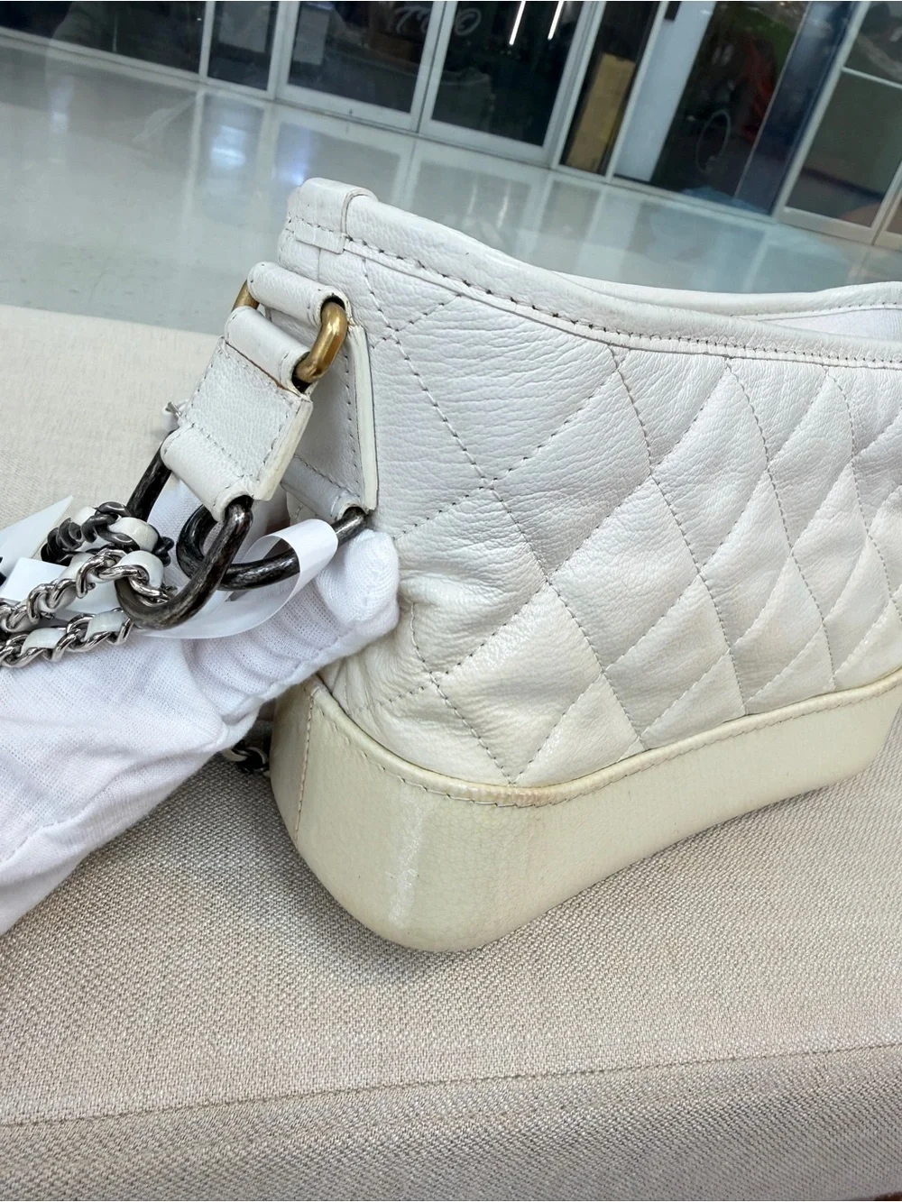 CHANEL White Quilted Leather Crossbody with Mixed Metal Chain and CC Charm